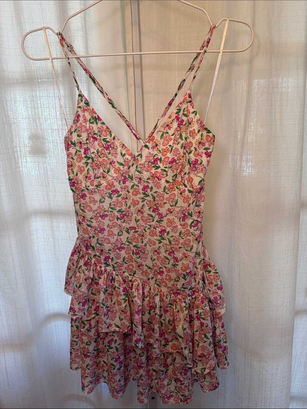 Floral Tiered Ruffle Sundress with Spaghetti Straps - Pink & Green